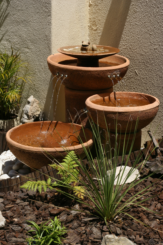 garden water feature three bowls with frog on top