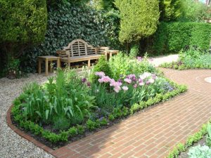 flower bed and bench